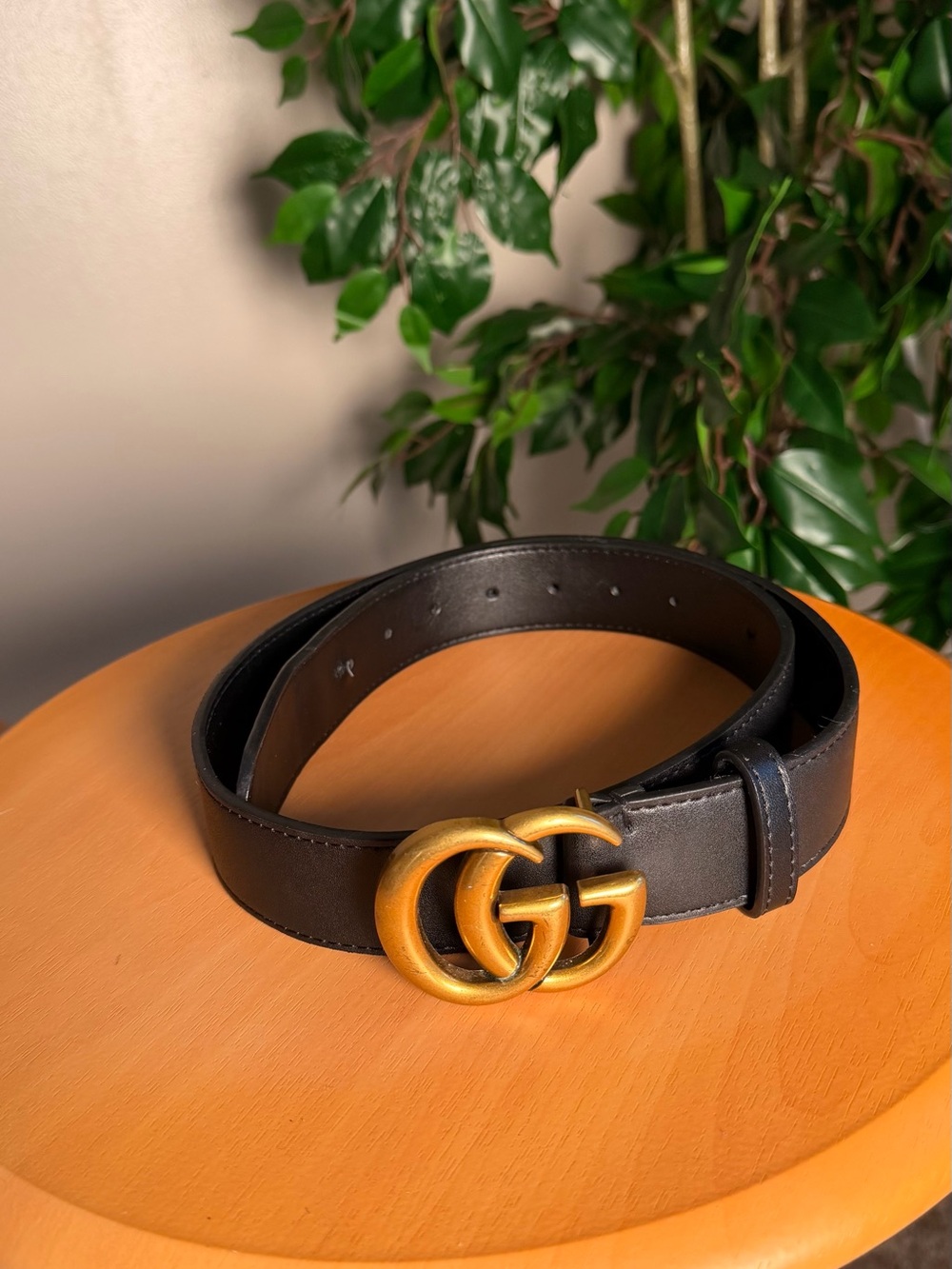 Black Leather Belt with Gold Double-G Buckle